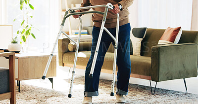 Buy stock photo Hands, senior man and walker at house for mobility, balance support and rehabilitation healing. Healthcare, assistance and elderly person with disability for stability, recovery and walking wellness