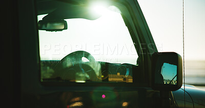 Buy stock photo Sunset, stop and car on road trip for outdoor adventure, transport and tourism with scenic view of ocean. Travel, journey and van window on drive in nature with beach for discovery, relax and holiday