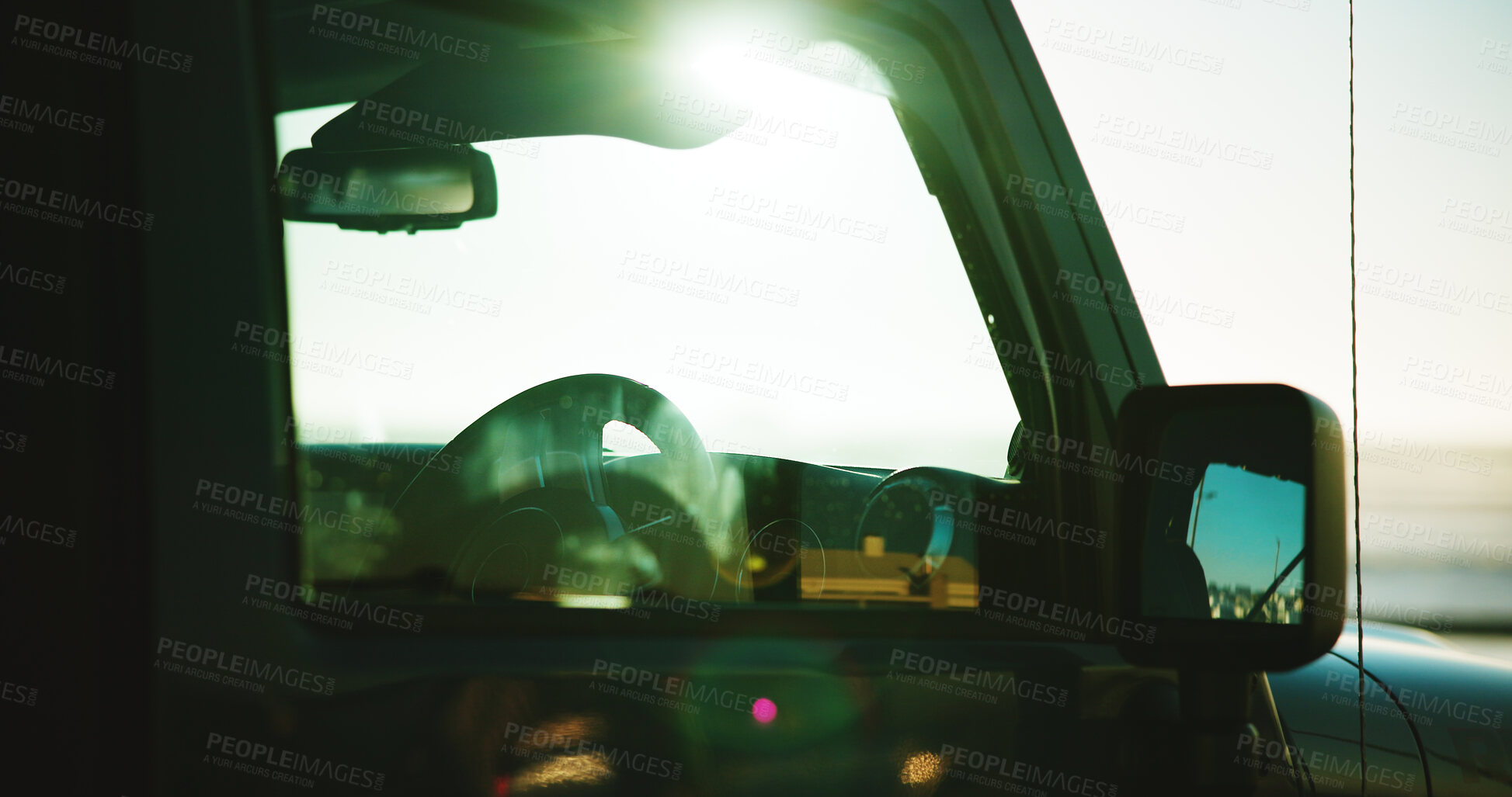 Buy stock photo Sunset, stop and car on road trip for outdoor adventure, transport and tourism with scenic view of ocean. Travel, journey and van window on drive in nature with beach for discovery, relax and holiday