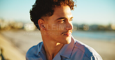 Buy stock photo Sunset, thinking and beach with man, vacation and nature with memory, reflection and wonder. Seaside, summer holiday and happy person with weekend break, decision and choice with peace or travelling