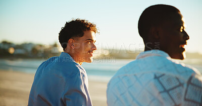 Buy stock photo Happy, beach and men with vacation, thinking and bonding together with tourism, relax and break. Outdoor, friends and traveller with ocean, smile and coastline with seaside, summer holiday or nature