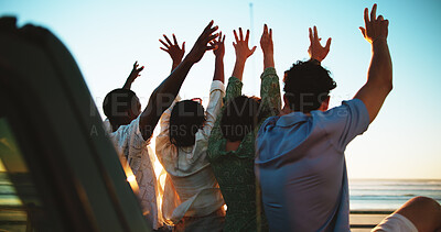 Buy stock photo People, hands and friends at beach for freedom with road trip, excited and support outdoor. Sunset, students and happy to celebrate, travel or vacation from back with connection on nature adventure