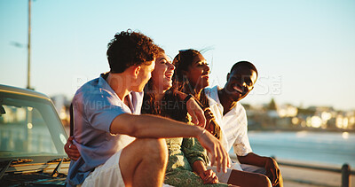 Buy stock photo Couple of friends, road trip and laugh at beach for break with bonding, communication and support outdoor. Conversation, people and happy on group date, travel or vacation with connection in nature
