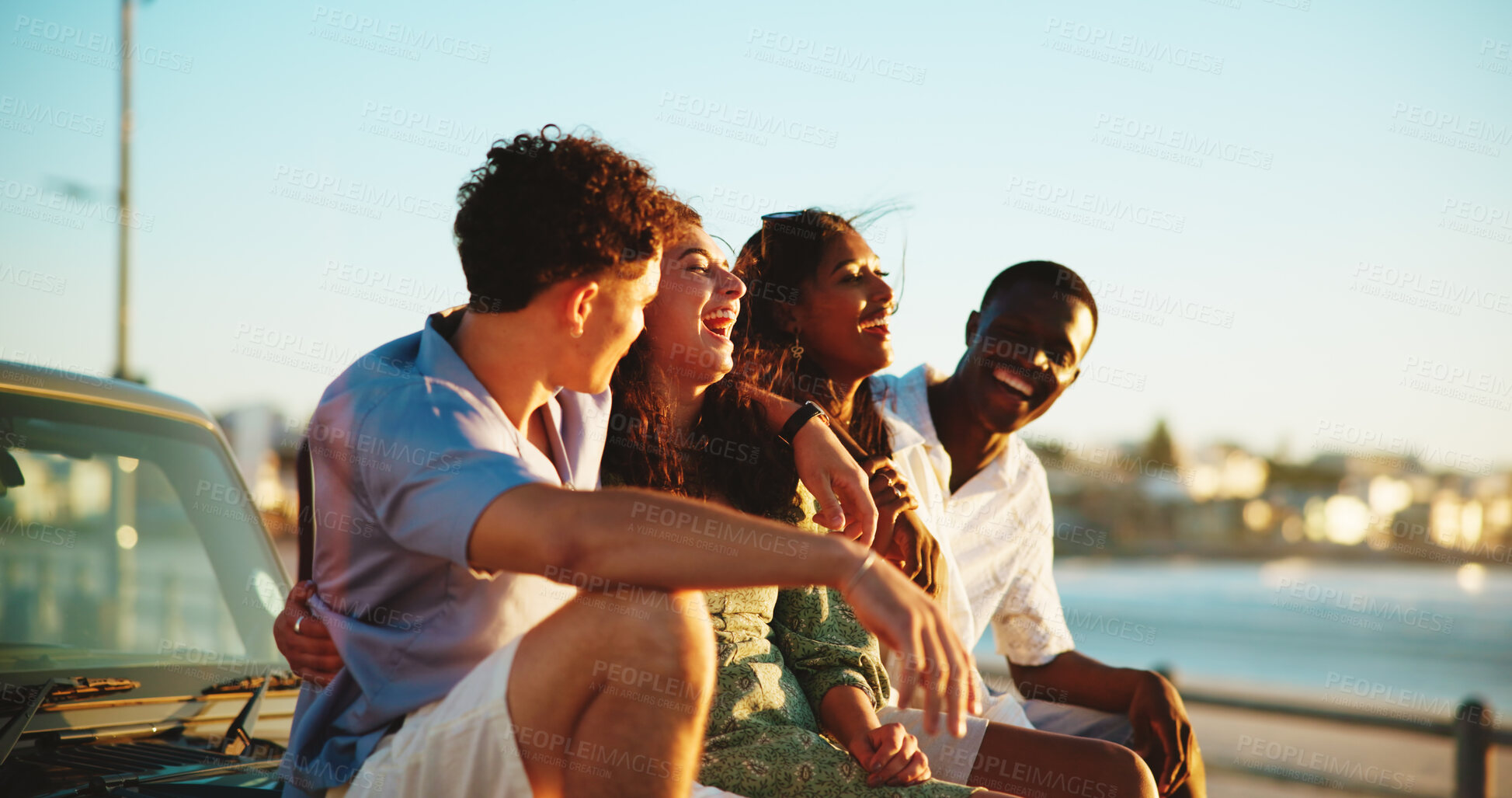 Buy stock photo Couple of friends, road trip and laugh at beach for break with bonding, communication and support outdoor. Conversation, people and happy on group date, travel or vacation with connection in nature