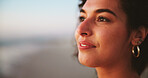 Sunset, thinking and beach with woman, vacation and nature with memory, reflection and wonder. Ocean, summer holiday and happy person with tropical island, decision or choice with peace or travelling