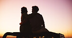Sunset, love and silhouette of couple on road trip with holiday, hug and outdoor bonding together. Relax, man and woman embrace on car with back, space and romance on travel adventure vacation