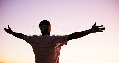 Buy stock photo Back, black man and freedom for travel outdoor for success, summer vacation and weekend break. Space, male person and sunset with celebration for holiday, achievement and getaway adventure for trip