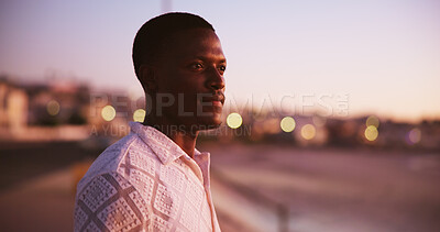Buy stock photo Sunset, thinking and beach with black man, travel and nature with memory, vacation and break. Seaside, summer holiday and happy person with reflection, decision and choice with peace and nostalgia