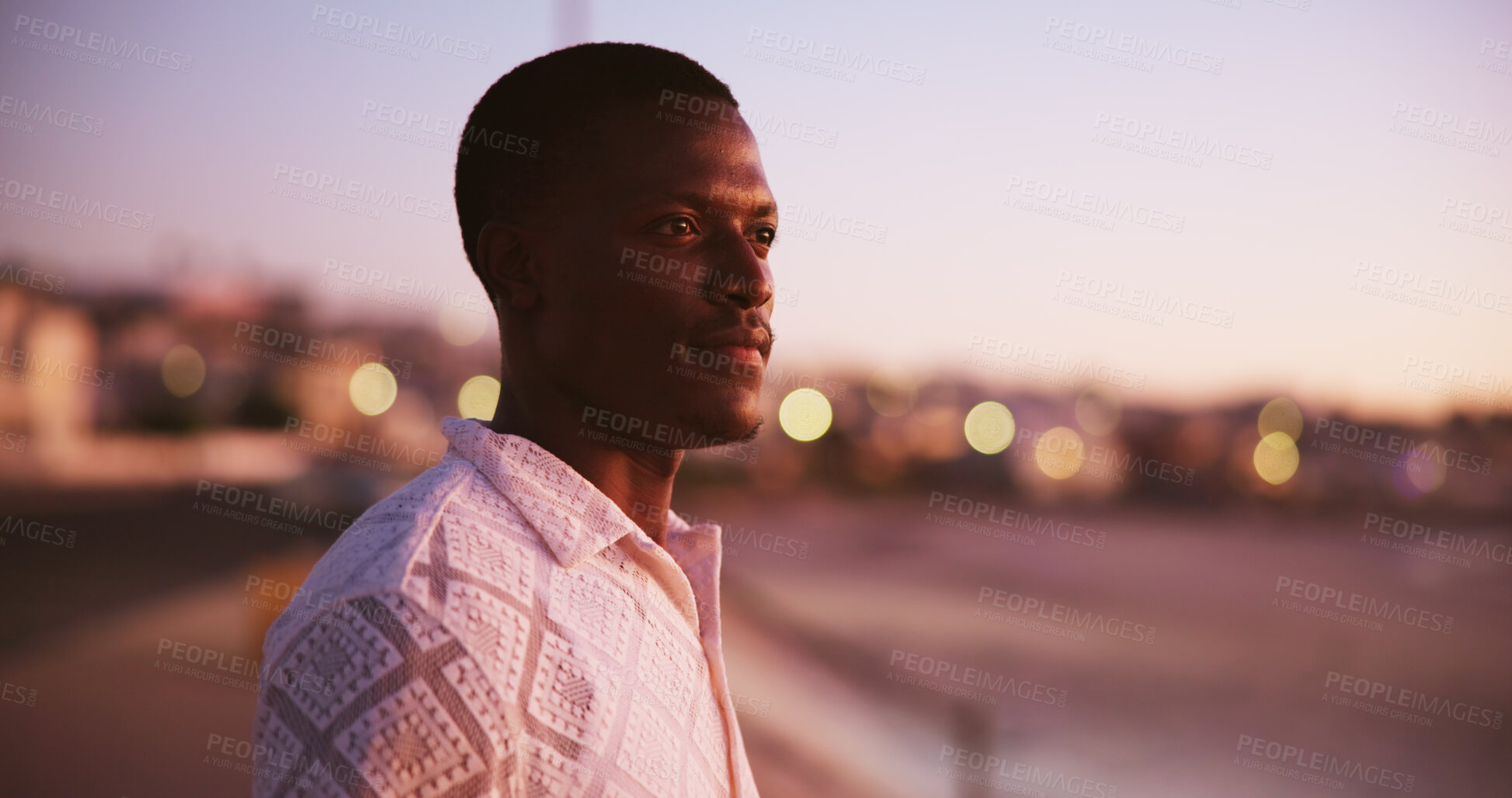 Buy stock photo Sunset, thinking and beach with black man, travel and nature with memory, vacation and break. Seaside, summer holiday and happy person with reflection, decision and choice with peace and nostalgia