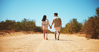 Buy stock photo Holding hands, nature and back of couple on holiday, getaway or weekend trip in desert. Love, care and man with woman for walking in adventure, journey or vacation outdoor with romance together.
