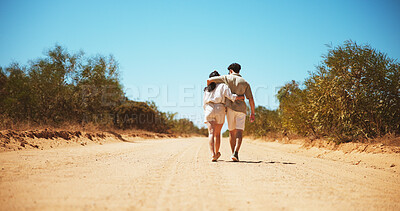 Buy stock photo Love, nature and back of couple on holiday, getaway or weekend trip in desert. Connection, care and man with woman for walking in adventure, journey or vacation outdoor with romance together.
