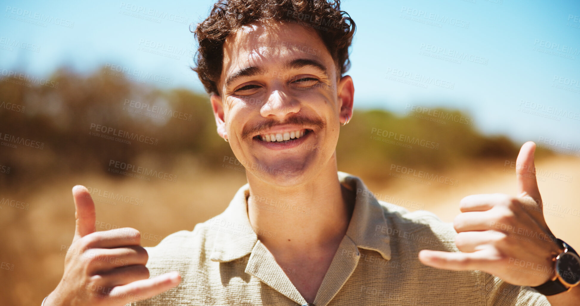 Buy stock photo Happy man, portrait or nature with shaka sign for travel, outdoor adventure or good mood. Smile, face or male person enjoying life with emoji, hang loose or hand gesture for relaxed journey in safari