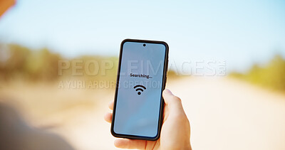 Buy stock photo Person, hands and searching with phone screen for signal, connection or network app in outdoor safari. Closeup, tourist or traveler with mobile smartphone display for bad reception or interference