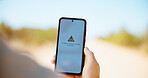 Person, hands and phone screen with no signal in safari for bad reception, connection or outdoor network. Closeup, user or mobile smartphone with display or error message for poor internet service