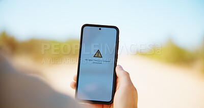 Buy stock photo Person, hands and outdoor with no signal on phone screen for bad reception, connection or network loss. Safari, user or mobile smartphone with display or error message for poor internet service