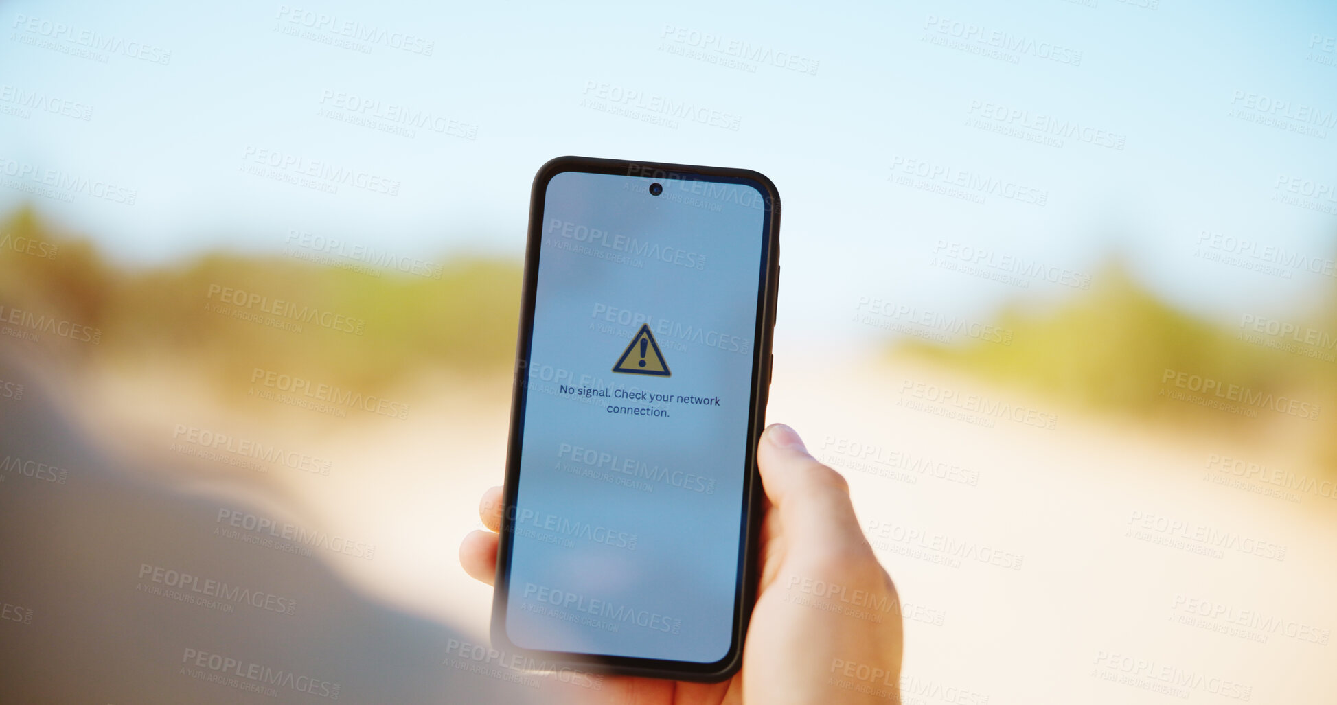 Buy stock photo Person, hands and outdoor with no signal on phone screen for bad reception, connection or network loss. Safari, user or mobile smartphone with display or error message for poor internet service