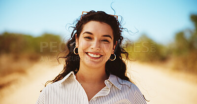 Buy stock photo Happy, nature and portrait of woman in desert for vacation, getaway or weekend trip outdoor. Smile, confident and face of female person from Mexico for holiday with sightseeing, journey or adventure.