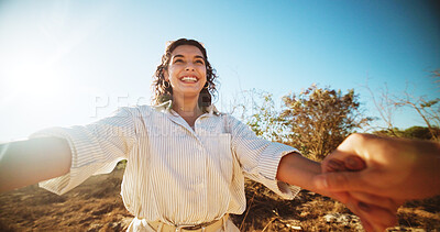 Buy stock photo Holding hands, pov and love with woman on safari for travel adventure, trust and romantic vacation. Wilderness explore, support and bonding with couple on date in nature for eco tourism and partner