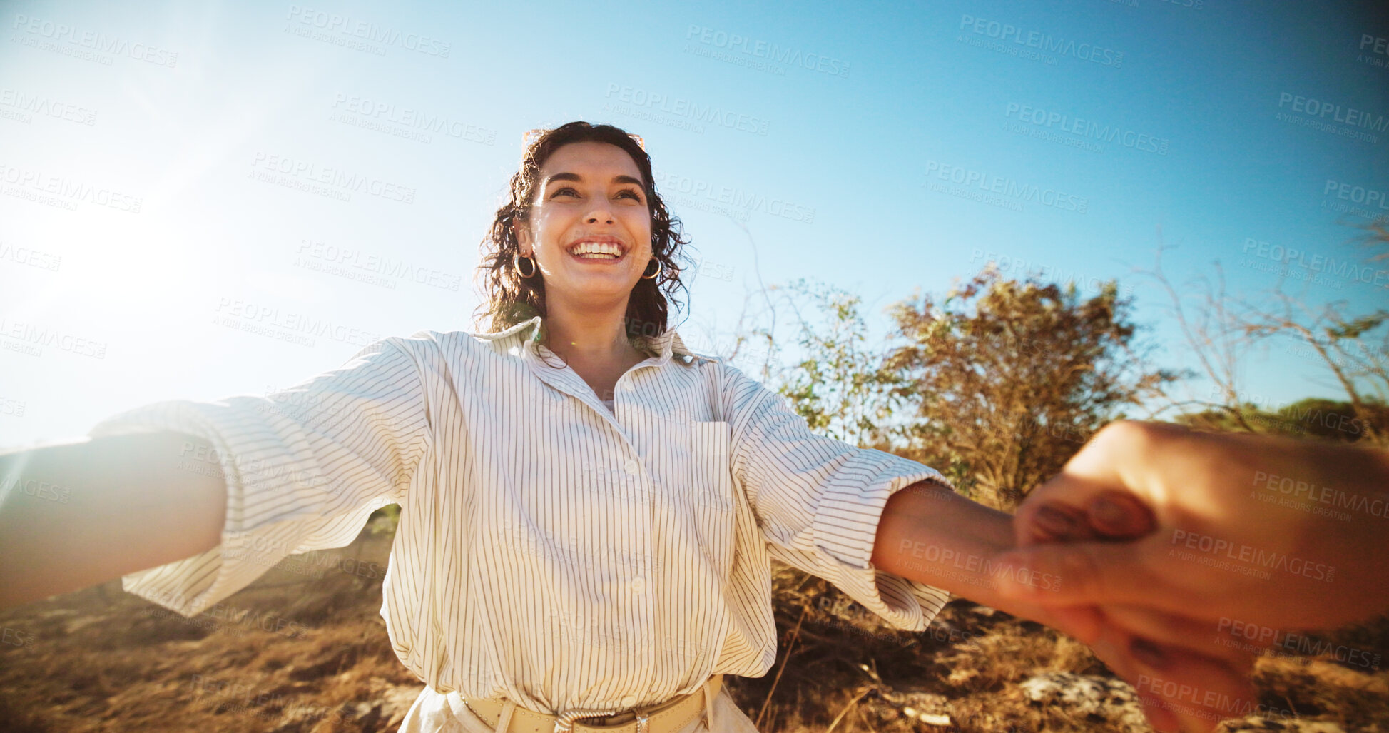 Buy stock photo Holding hands, pov and love with woman on safari for travel adventure, trust and romantic vacation. Wilderness explore, support and bonding with couple on date in nature for eco tourism and partner