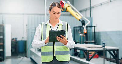 Buy stock photo Engineer, tablet and woman with robot arm for manufacturing, ai machine and assembly line in factory. High tech, automation or worker with production process, industry 4.0 and software for innovation