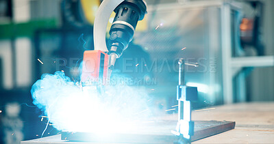 Buy stock photo Automation, industry and electrical drill in workshop for product manufacturing for prototype. Engineering, smoke and welding equipment for production, repair or process with heat sparks in warehouse