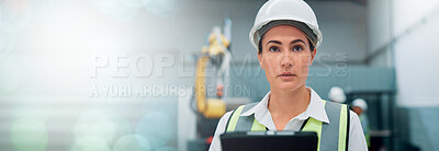Buy stock photo Woman, engineer and tablet at factory of robotics inspection, machine research and technical guide. Technician, banner and mock up space for digital manual, automation safety and production checklist