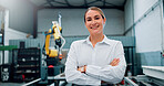 Happy, woman and engineer with portrait for robotics production, manufacturing career and industry. Smile, technician and arms crossed with pride for automation, machine development and maintenance