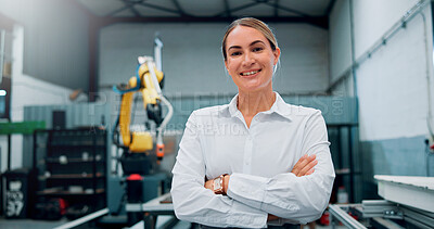Buy stock photo Happy, woman and engineer with portrait for robotics production, manufacturing career and industry. Smile, technician and arms crossed with pride for automation, machine development and maintenance