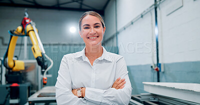Buy stock photo Portrait, happy and woman at robotics factory for production, manufacturing and industry inspection. Smile, technician and arms crossed with pride for automation, machine development and maintenance