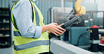 Hands, person and tablet at machine factory for research, robotics update and technical guide. Engineer, digital remote control and production manual, automation safety and process for manufacturing