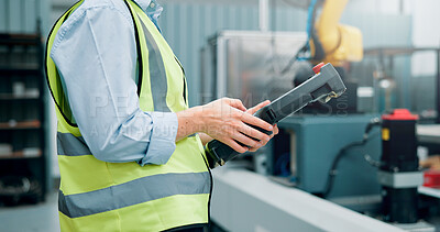 Buy stock photo Hands, person and tablet at machine factory for research, robotics update and technical guide. Engineer, digital remote control and production manual, automation safety and process for manufacturing