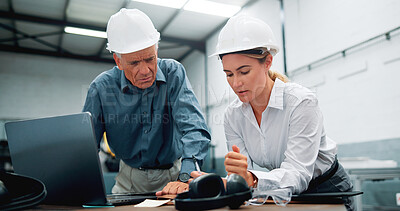 Buy stock photo People, manager and writing at robotics factory for research, machine update or technical guide. Engineer team, laptop and production manual, automation safety and diagnostics report of manufacturing