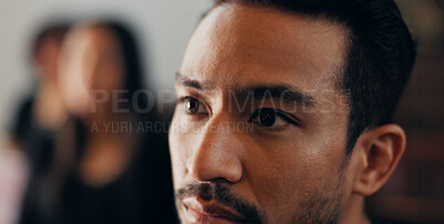 Buy stock photo Funeral, rip or man with death in church for farewell service, mourning person or goodbye. Face, remember or grieving with sorrow or respect in cathedral for burial, religion and memorial ceremony