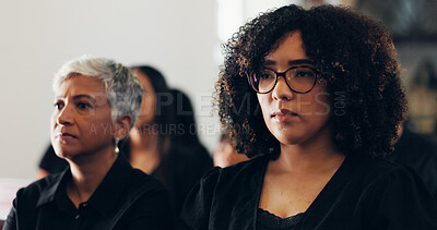 Buy stock photo Funeral, faith and women in church, mourning and sadness for loss, memorial service and Christianity. Thinking, catholic and people with depression for grief, ceremony and ritual to honor the dead