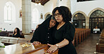 Sad, hug and family with support in funeral for farewell service, mourning death or grief. Respect, women or people with casket or empathy in Christian cathedral for burial, ceremony and memorial