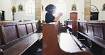 Church, woman and prayer for faith with rosary for religion respect and worship God at funeral service. Christian, chapel and person praying for hope, holy spirit and ask for forgiveness at memorial