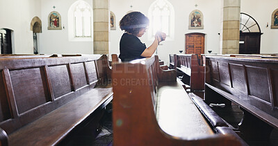 Buy stock photo Church, woman and prayer for faith with rosary for religion respect and worship God at funeral service. Christian, chapel and person praying for hope, holy spirit and ask for forgiveness at memorial