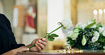 Funeral, hand or woman with flower with coffin in church for farewell service, mourning death or grief. Respect, goodbye or person with casket or rose in cathedral for burial, support or memorial