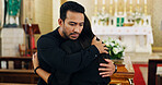 Sad woman, hug and man with support in funeral for farewell, mourning death and grief. Respect, people or family with compassion, loss and empathy in Christian church for burial, ceremony or memorial