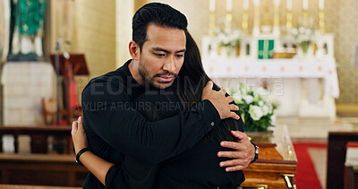 Buy stock photo Sad woman, hug and man with support in funeral for farewell, mourning death and grief. Respect, people or family with compassion, loss and empathy in Christian church for burial, ceremony or memorial