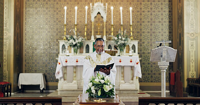 Buy stock photo Funeral, senior and pastor with coffin in church for farewell service, mourning death or grief. Respect, goodbye or man with casket or flowers in Christian cathedral for burial, preaching or memorial