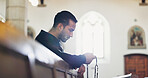 Church, man and rosary for religion with faith for praying, think or worship God at funeral service. Christian, cross and person with prayer beads for hope, holy spirit or ask for guidance with grief