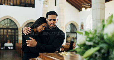 Buy stock photo Coffin, comfort and couple mourning at funeral in church for respect, support or hug for loss together. Sad man, woman and grief at memorial service with casket for goodbye, rip or console for death