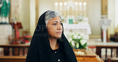 Buy stock photo Funeral, thinking or senior woman in church for farewell service, mourning death or grief. Respect, goodbye or mature person with casket or flowers in Christian cathedral for burial, loss or memorial