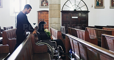Buy stock photo Funeral, man and woman with grief, church and widow with flowers for memorial service or wheelchair. Christianity, mourning and senior person with disability, depression and thinking of death or loss