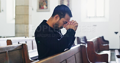Buy stock photo Church, sad man and prayer for faith with religion, respect and worship God at funeral service. Christian, chapel and person praying for hope, holy spirit and ask for Jesus forgiveness at memorial