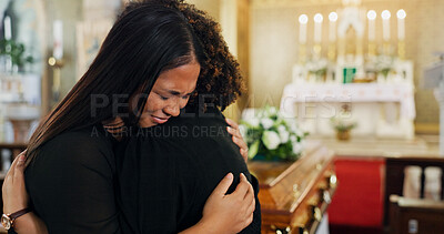 Buy stock photo Crying, hug and family with support at funeral for farewell, mourning death and grief. Respect, women or sad people with casket, loss or empathy in Christian church for burial, ceremony and memorial