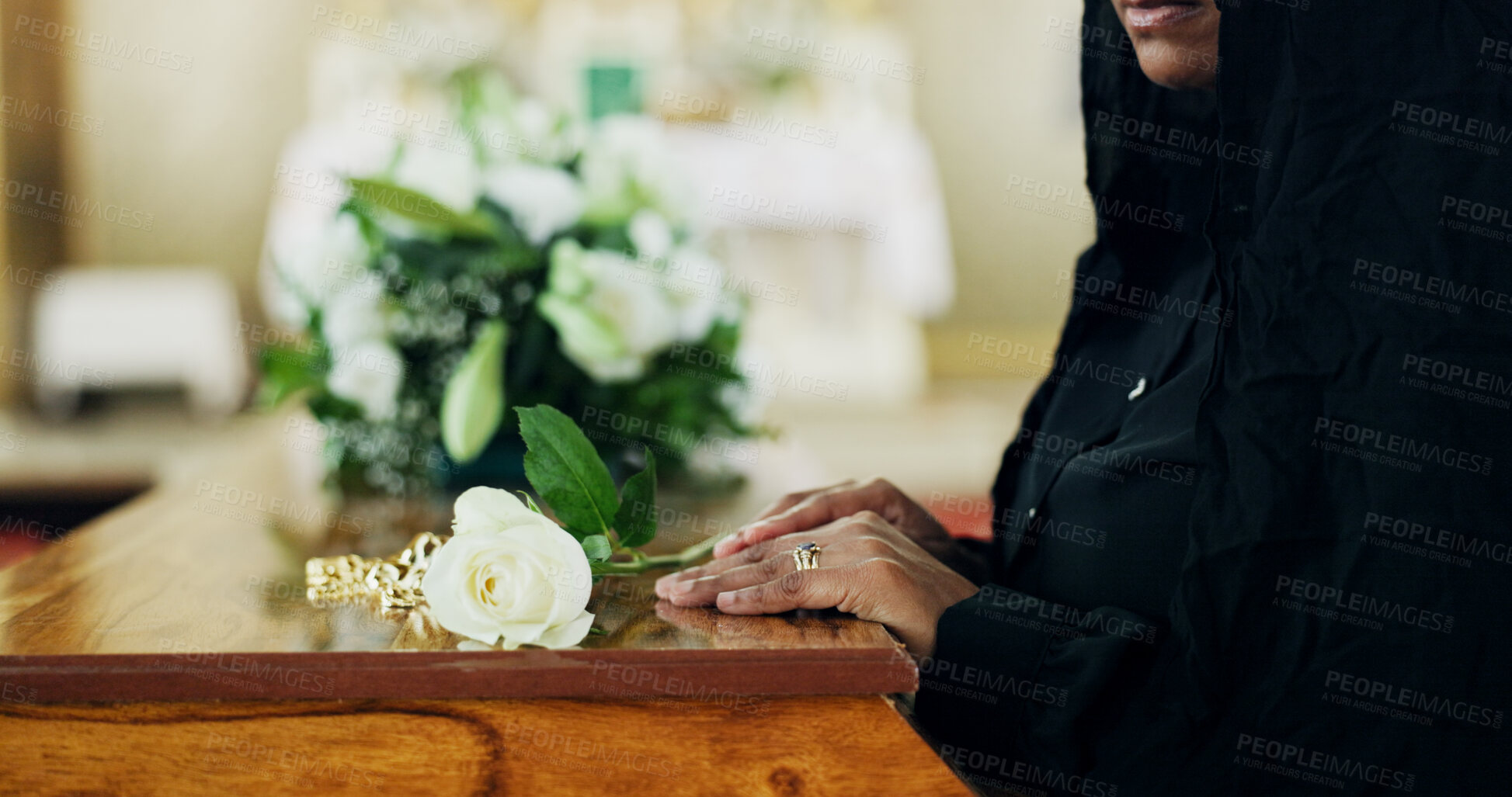Buy stock photo Hands, woman and coffin with rose at funeral for farewell, mourning death and goodbye at burial ceremony. Mature person, widow and rip with flower for respect, memorial service and emotional for loss