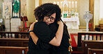 Sad, hug and women with support in funeral for farewell, mourning death and grief. Respect, people or family with compassion, loss and empathy in Christian church for burial, ceremony and memorial