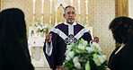 Funeral, preacher and man with prayer in church for farewell service, mourning death or grief. Respect, goodbye or pastor preaching with family in Christian cathedral for burial, talking or memorial